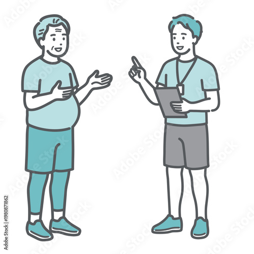 笑顔で男性トレーナーと会話をするぽっちゃり体型のシニア男性のイラスト