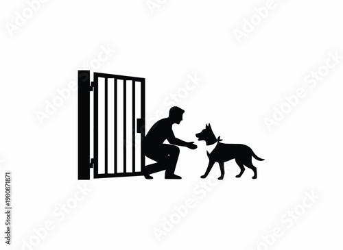 Silhouette person opening gate for dog black illustration.