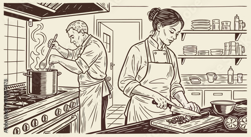 Two chefs are working in a busy kitchen, one cooking and the other chopping vegetables