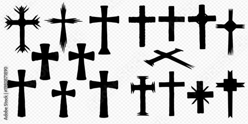 Collection of black cross silhouettes, various shapes and styles, religious symbols on transparent background.