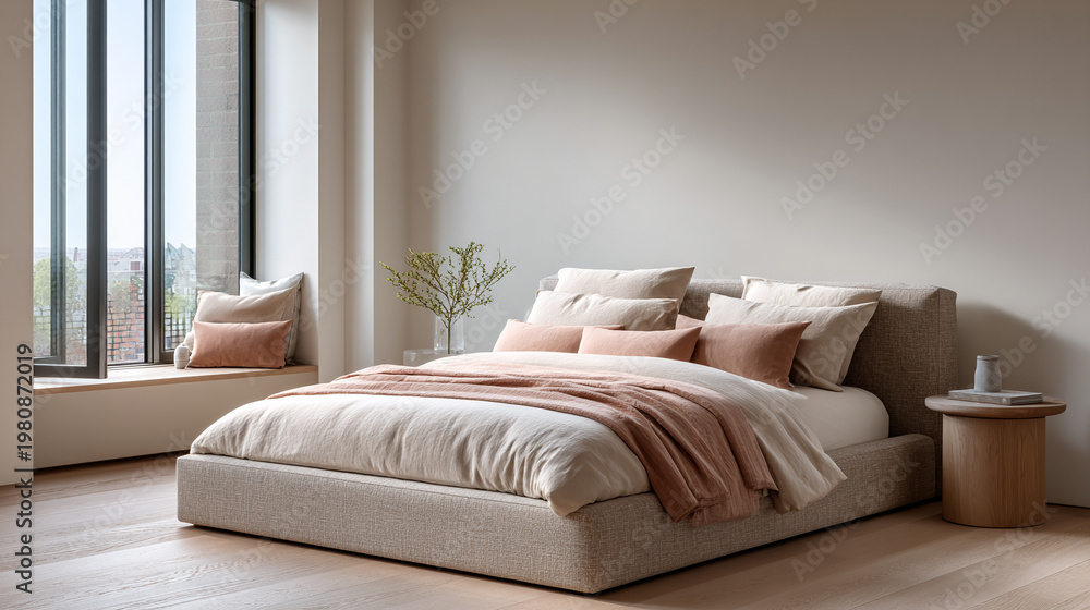 Fototapeta premium Neutral Toned Modern Bedroom with Window Bench and Earthy Decor