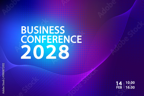 Business conference banner template. Abstract blue and purple wave background for corporate event announcements, tech summits, and digital marketing workshops.
