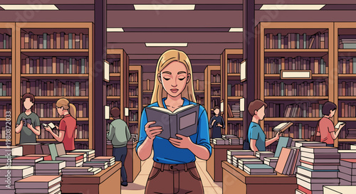 Young woman engrossed in reading a book amidst the shelves of a large bookstore filled with literature and knowledge, creating an atmosphere of intellectual pursuit
