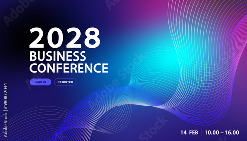 Modern business conference landing page template with vibrant neon wave lines and colorful gradient background for corporate events.