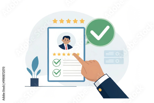 Professional candidate evaluation vector illustration, human resources recruitment process, five star rating for employee performance review