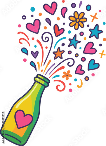 A vibrant vector illustration of a popping bottle releasing colorful hearts, stars, flowers and confetti on a black background, conveying celebration, love, joy, party and festive playful energy