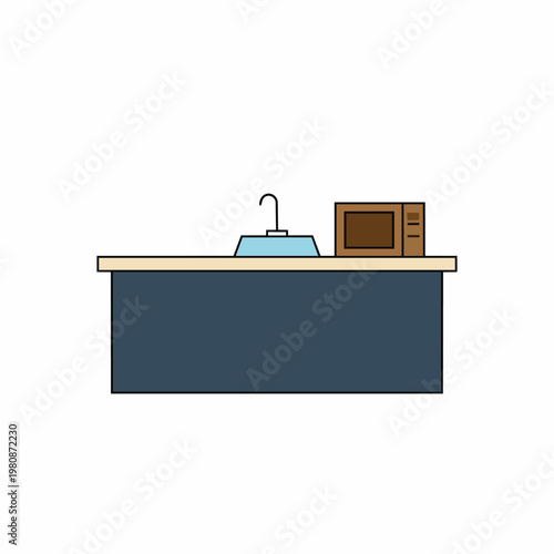 Illustration of kitchen counter with sink and microwave, modern design, domestic appliance, home furniture, simple graphic.
