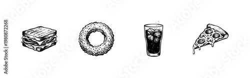 Fast Food Favorites and Classic Junk Food Items with Hand-Drawn Inky Brush Strokes and Saturated Sketchy Texture