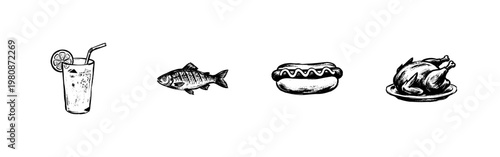 Food and Beverage Menu Elements with Fluid Engraving Style in Hand-Drawn Sketchy Style