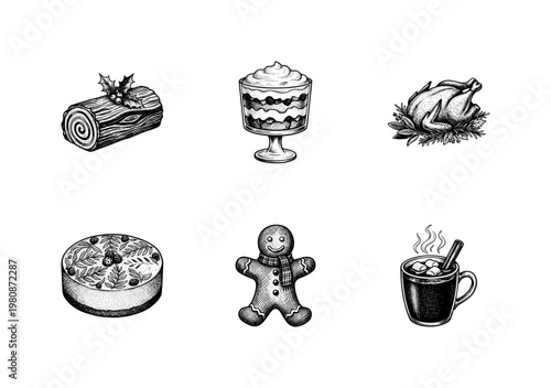 Traditional Christmas Food and Holiday Desserts with Inky Brush Strokes and Hand-Drawn Sketchy Style