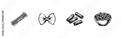 Italian Pasta Varieties and Traditional Kitchen Cooking Tools with Hand-Drawn Inky Doodle and Fluid Sketchy Outlines