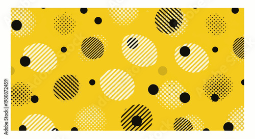 Abstract yellow background with various textured and striped circles