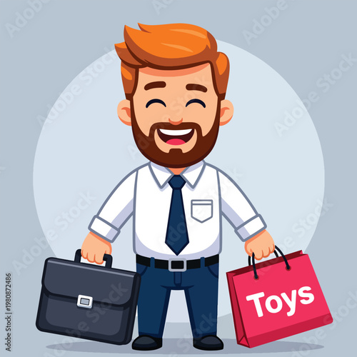 Smiling businessman, briefcase, shopping bag, toys, work, leisure