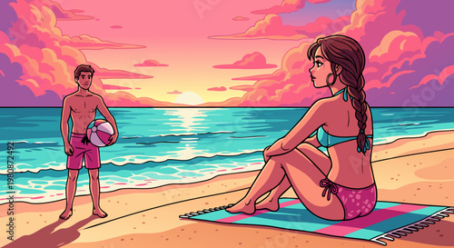 Romantic couple on a beach at sunset, enjoying a peaceful moment together by the ocean waves
