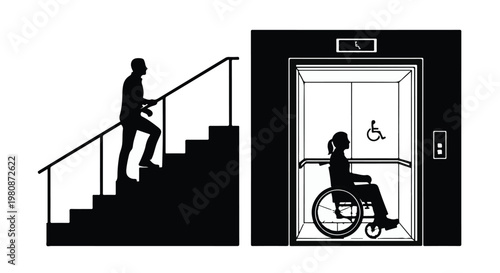 Accessible transportation for people with disabilities, wheelchair user entering elevator, stairs with railing, accessible design for mobility, equality and inclusion concept