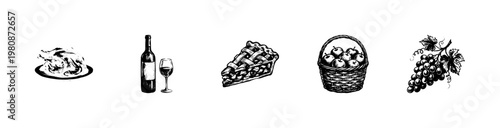 Thanksgiving Holiday Food and Harvest Elements with Hand-Drawn Inky Doodle and Organic Calligraphic Outlines