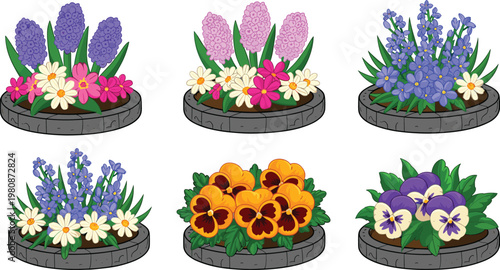 Colorful spring flower bed collection with blooming garden plants in round stone borders decorative landscaping vector illustration set
