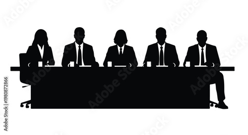 Silhouette of business board members sitting at a table for a meeting or press conference