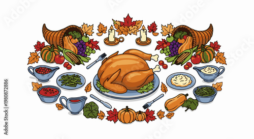 Abundant feast with roasted turkey, side dishes, fruits, vegetables, and candles