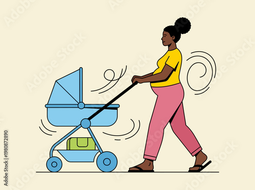 Pregnant Black Woman Pushing a Baby Stroller Illustration - Modern Maternity and Active Motherhood Vector