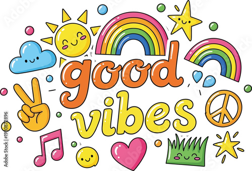 Hand drawn 'good vibes' illustration with rainbow sun and peace symbols