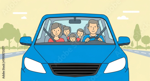 Family Driving Together Safely in a Blue Car.