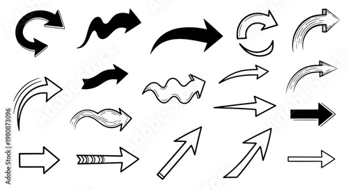 Arrows hand drawn set with black curved lines and pointed tips on white background featuring vector, illustration, graphic with design and direction