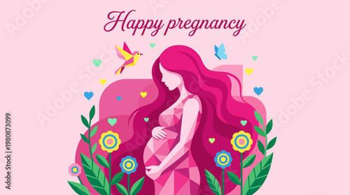 Foto Flat Vector Illustration of a Pregnant Woman with Long Hair and Flowers, Happy P