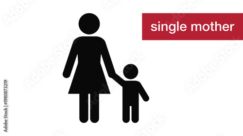 Single Mother Silhouette Icon with Text Label, Concept of Parenting, Family, and Social Support, Minimalist Illustration on White Background