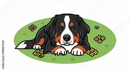 Adorable cartoon Bernese Mountain Dog lying in green grass with yellow flowers