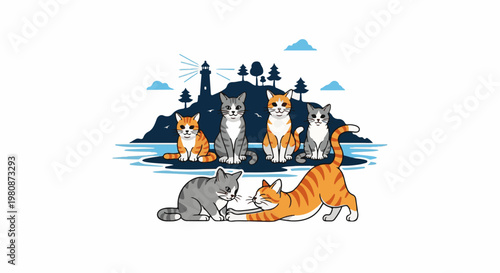 Adorable cartoon cats gather near a lighthouse and trees by the water