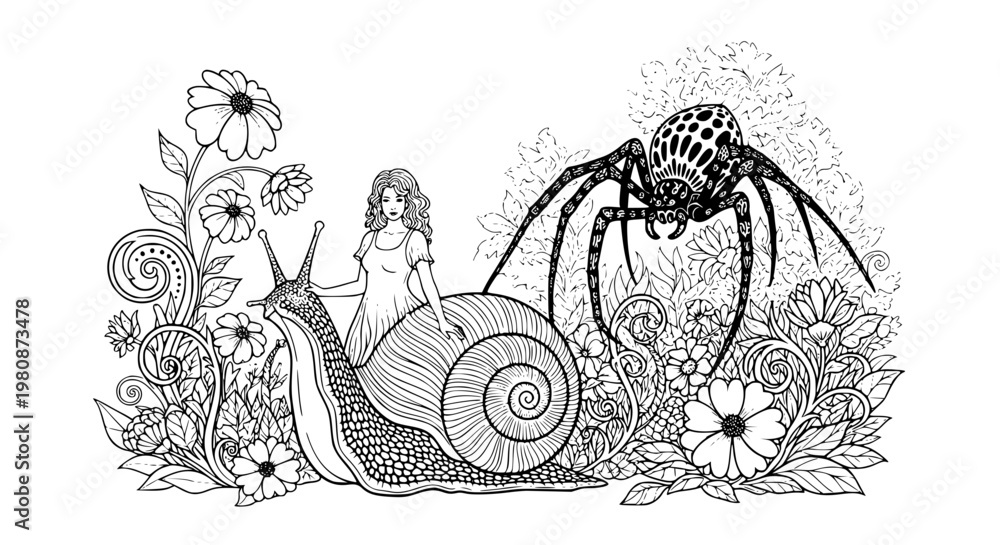 Fototapeta premium Fantasy snail woman silhouette coloring page with spider monster in blooming enchanted garden