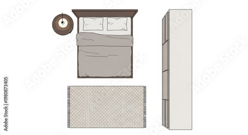 Modern Bedroom Furniture Arrangement Top View.