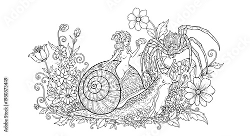 Fantasy snail woman and spider monster silhouette coloring page in enchanted blooming garden