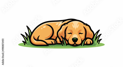 Adorable cartoon golden retriever puppy sleeping peacefully in green grass