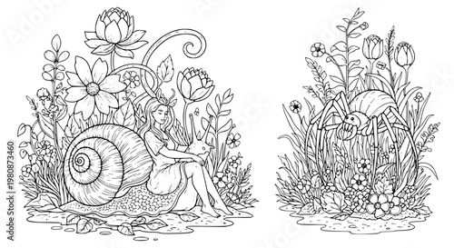Surreal fantasy garden coloring page with snail woman hybrid and spider monster line art