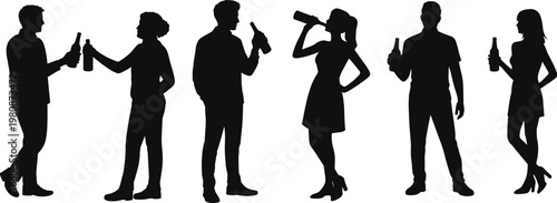 Group of people drinking beer bottle silhouettes, men and women socializing at party, nightlife friends celebration isolated on white background