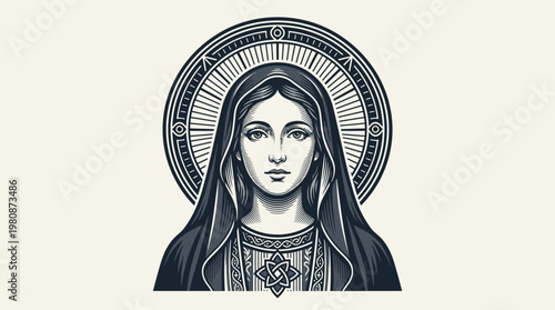 Virgin Mary Religious Icon Illustration, Modern Woodcut Style Engraving of Saint Madonna with Halo, Minimalist Faith and Spirituality Design Element