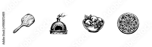 Italian Pizzeria and Artisanal Pizza Making Equipment with Hand-Drawn Inky Brush Strokes and Vintage Textured Linework