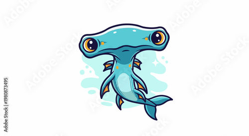 Adorable cartoon hammerhead shark with big eyes and fins, swimming in water