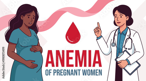 Medical Illustration of Anemia in Pregnant Women: Doctor Consulting a Concerned Patient about Iron Deficiency and Blood Health