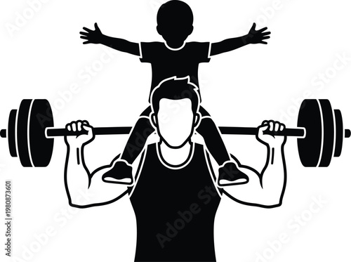 Celebrating fathers day strong dad lifting son on shoulders with barbells a symbol of strength