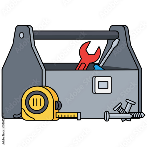 A toolbox with tools like a wrench and tape measure on a workbench indoors
