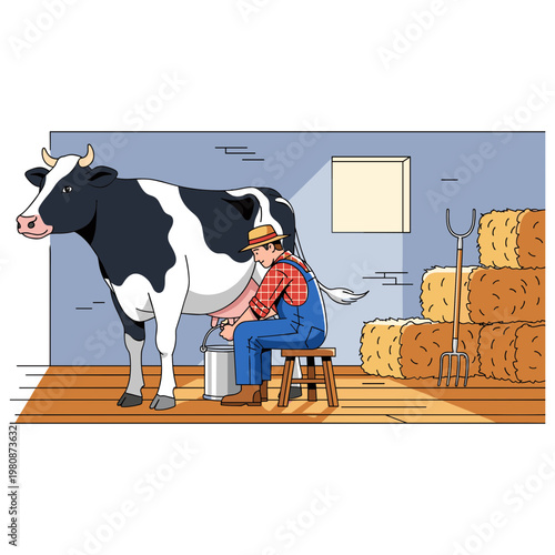 Farmer milking cow on stool in barn with haystacks nearby daily