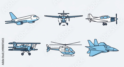 Collection of diverse aircraft illustrations in blue tones.