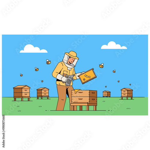 Beekeeper wearing protective gear smokes bees in an apiary on a sunny day.