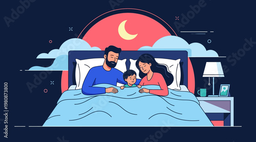 Peaceful Family of Three Sleeping Together in Cozy Bedroom Illustration, Healthy Sleep and Bedtime Concept