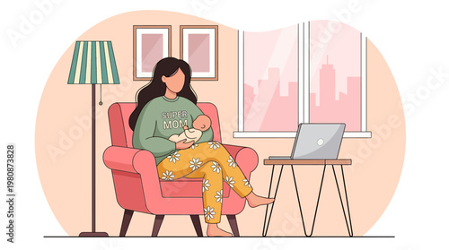 Super Mom Working from Home Illustration: Mother Holding Baby While Using Laptop