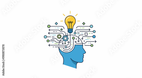 Abstract representation of a human head with a lightbulb idea and data flow