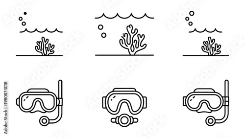 Underwater Exploration Icons: A set of minimalistic line art icons featuring coral reefs and scuba masks, perfect for illustrating themes of marine exploration and diving.